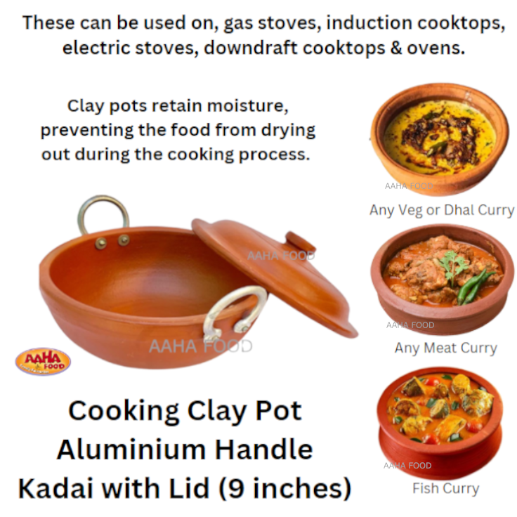 Cooking Clay Pot Aluminium Handle Kadai with Lid (9 inches)