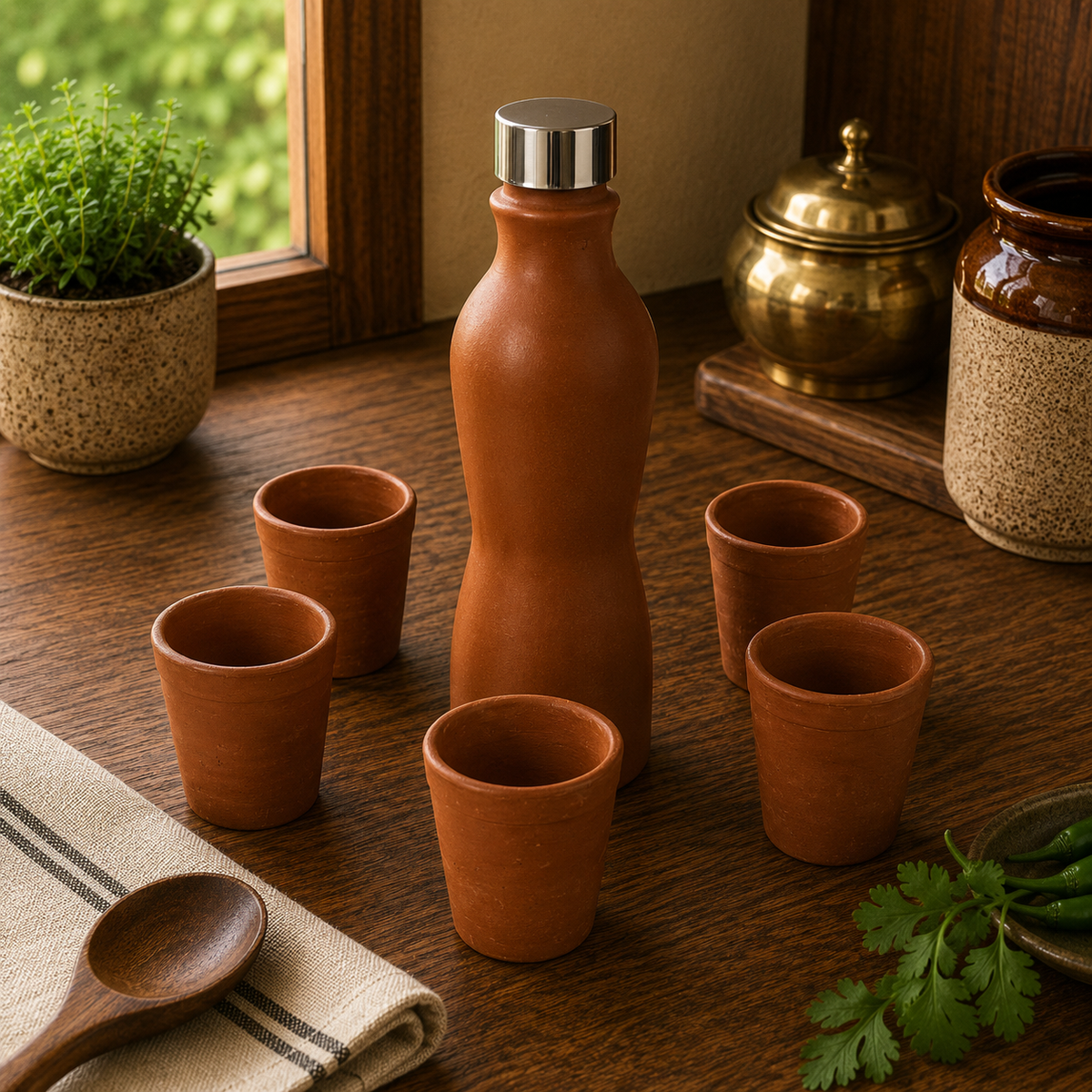 Clay Water Bottle 1L Set with 5 Cups – Coming Soon